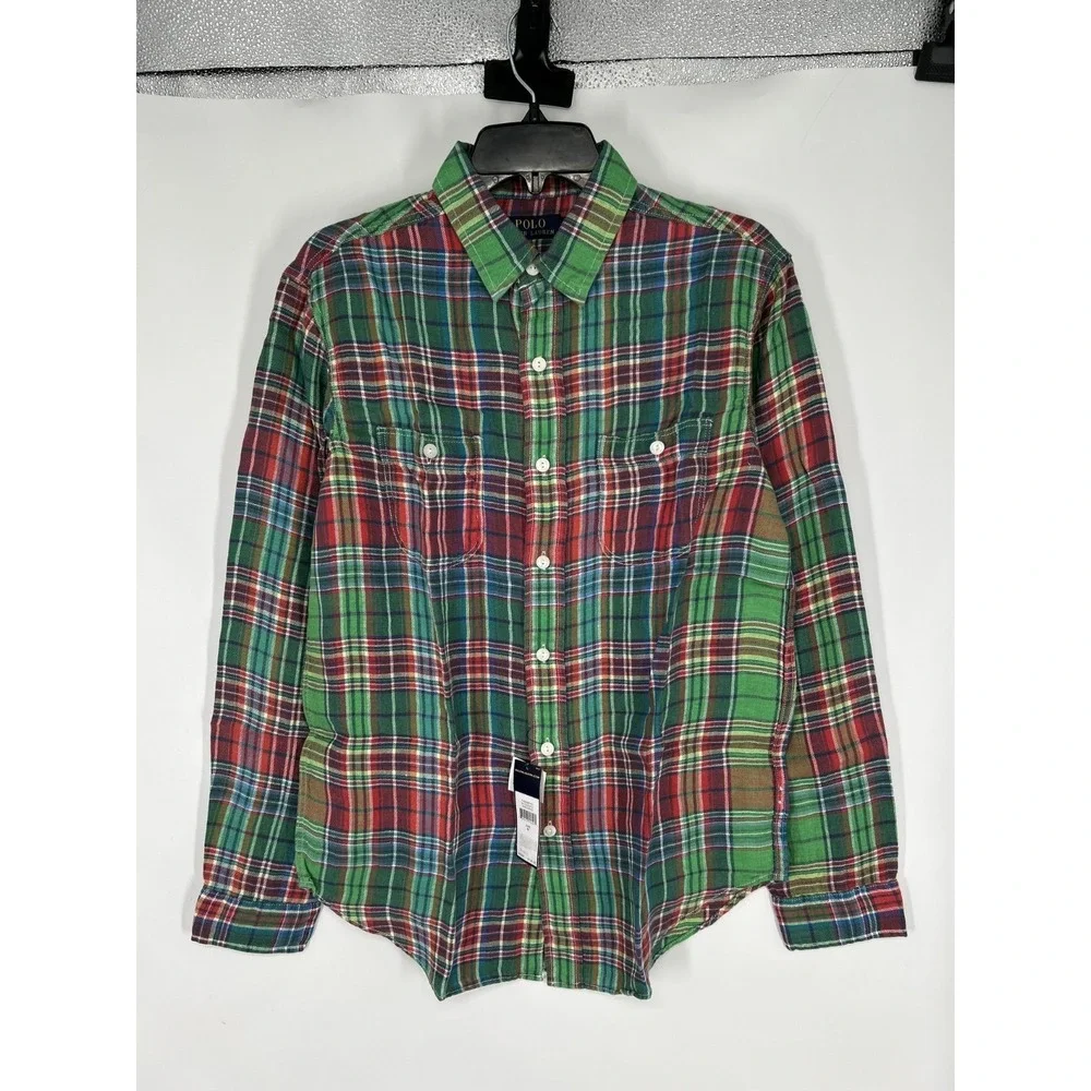 Polo Ralph Lauren Shirt Red‎ Green Tartan Plaid Button Up 100% Linen Two Pockets